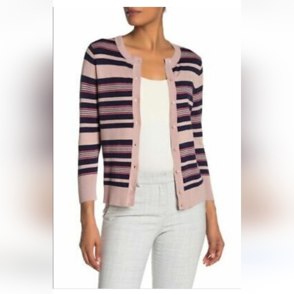 NWT Halogen Striped Knit Cardigan Pink Navy Button Front - Picture 1 of 6